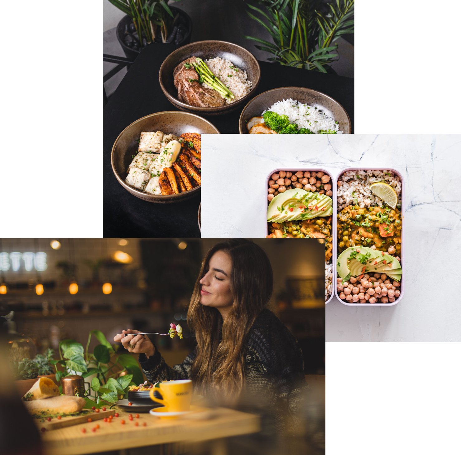 woman enjoying food,meals in storage container, and bowl on a table 